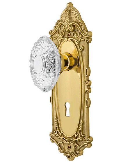 Victorian Mortise-Lock Set Matching Crystal-Glass Knobs in Polished Brass.